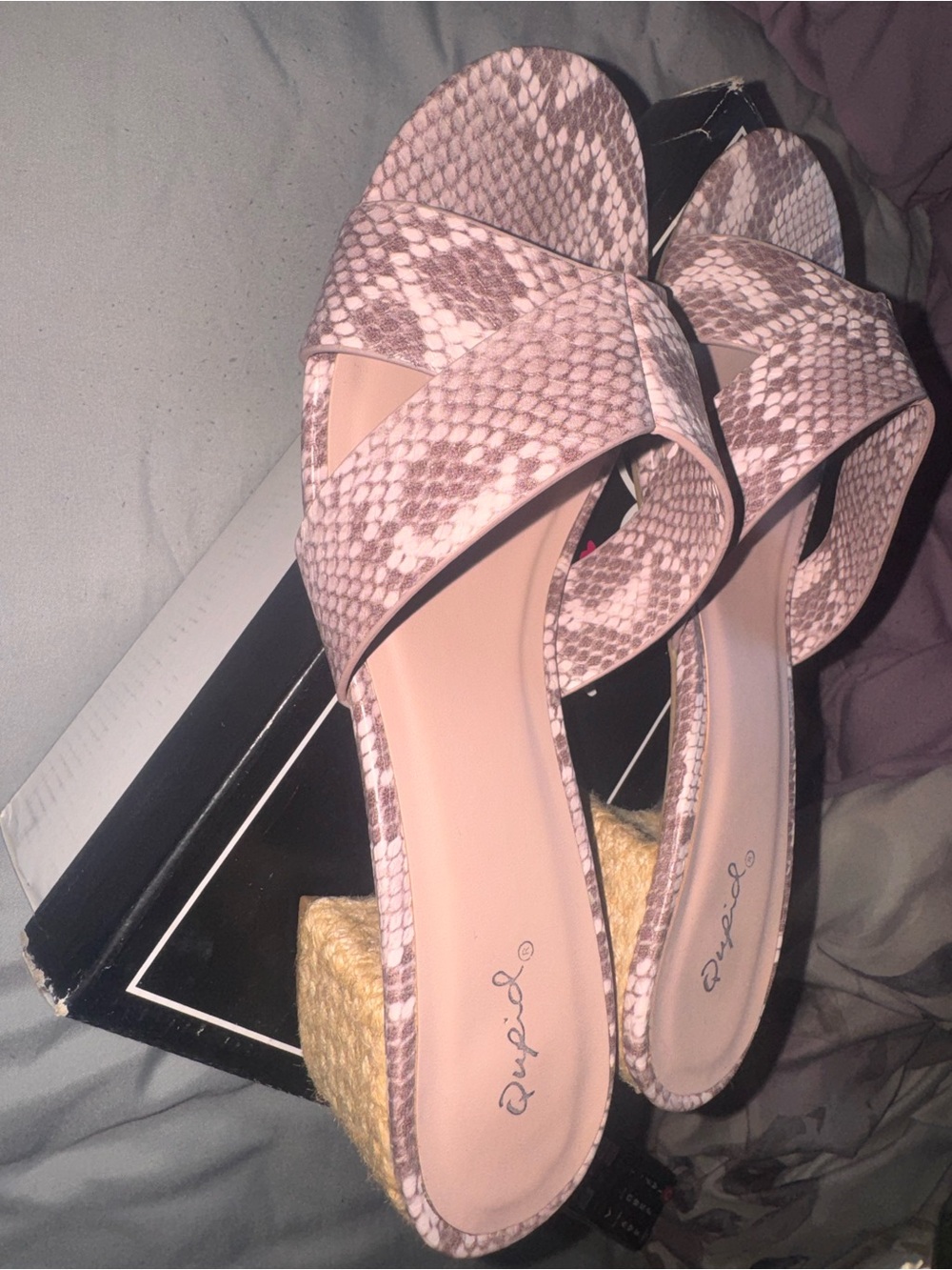 Qupid Pink Snake-Print Crisscross Slide Sandals